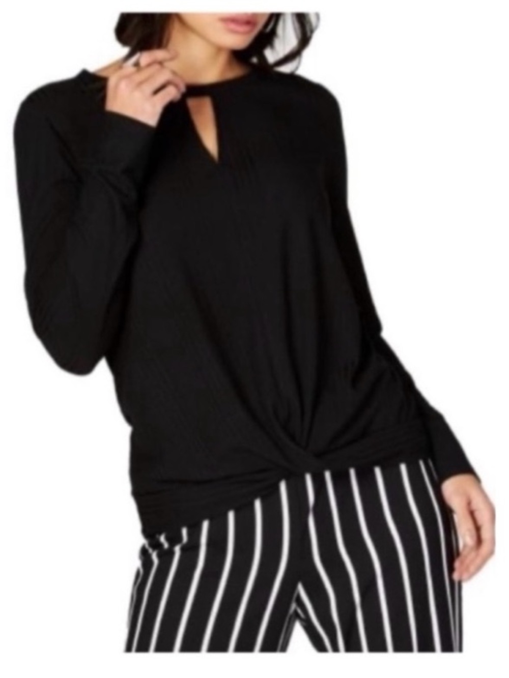 🦋 INC Black Rib Knit Twisted Front Keyhole Top NWT L